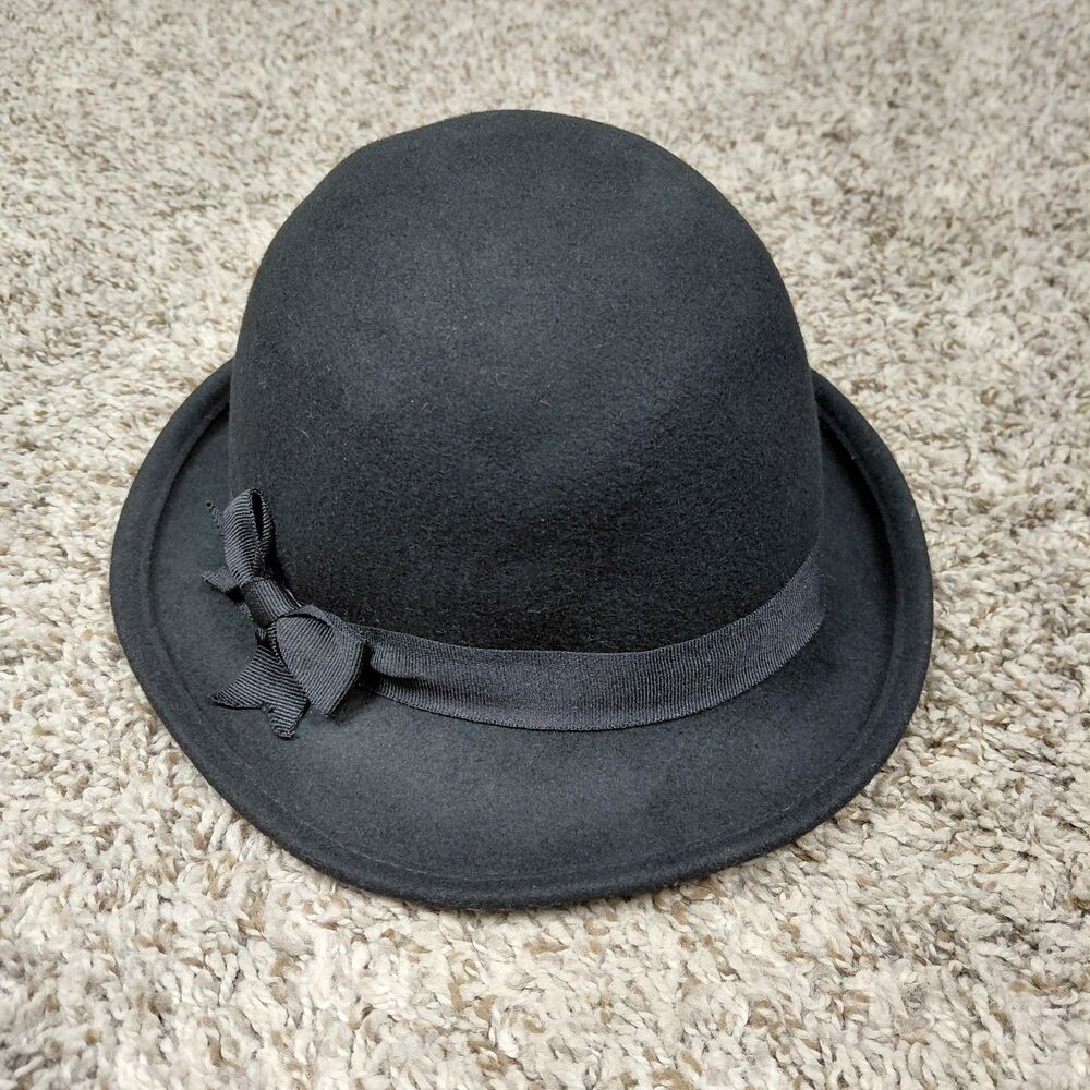 Goorin Bros Derby Bowler Hat Black 100% Wool Women XS Bow Tie